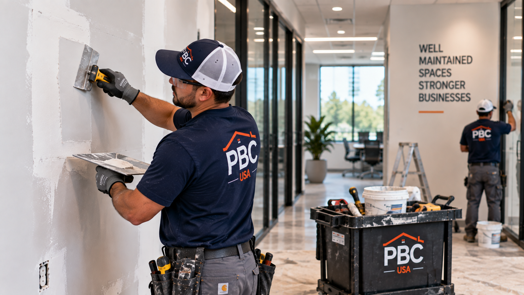 Commercial drywall repair technician patching a damaged interior wall