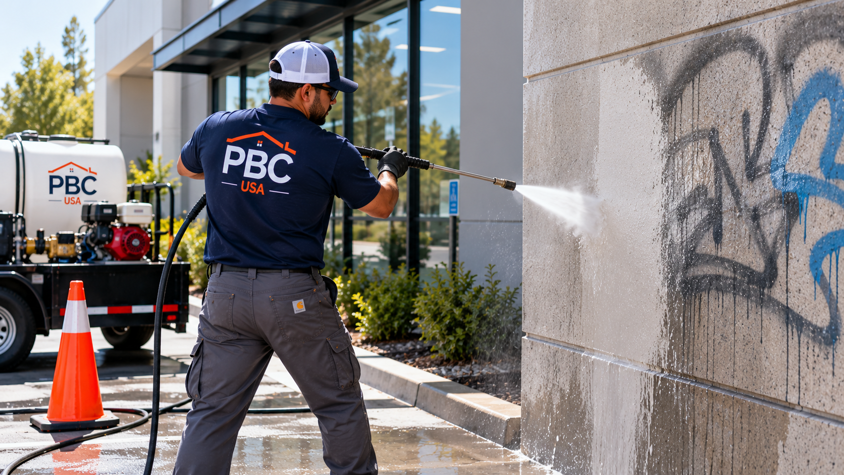 Commercial graffiti removal technician cleaning graffiti from an exterior building wall