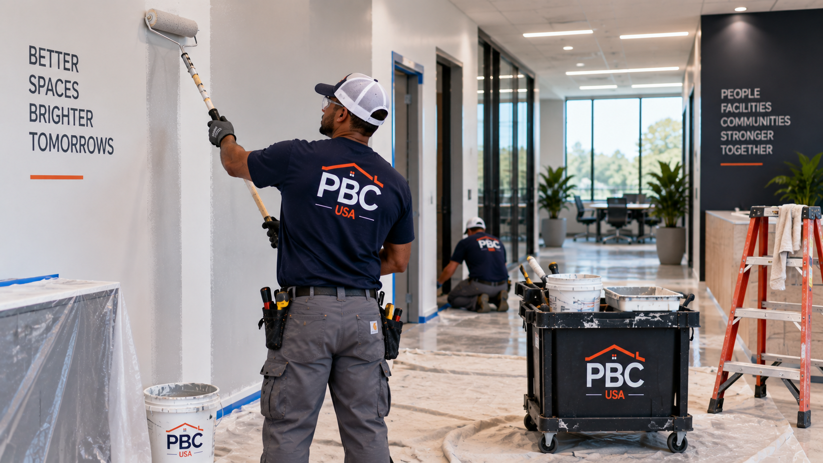 Commercial painter applying fresh paint to an interior wall in a professional facility