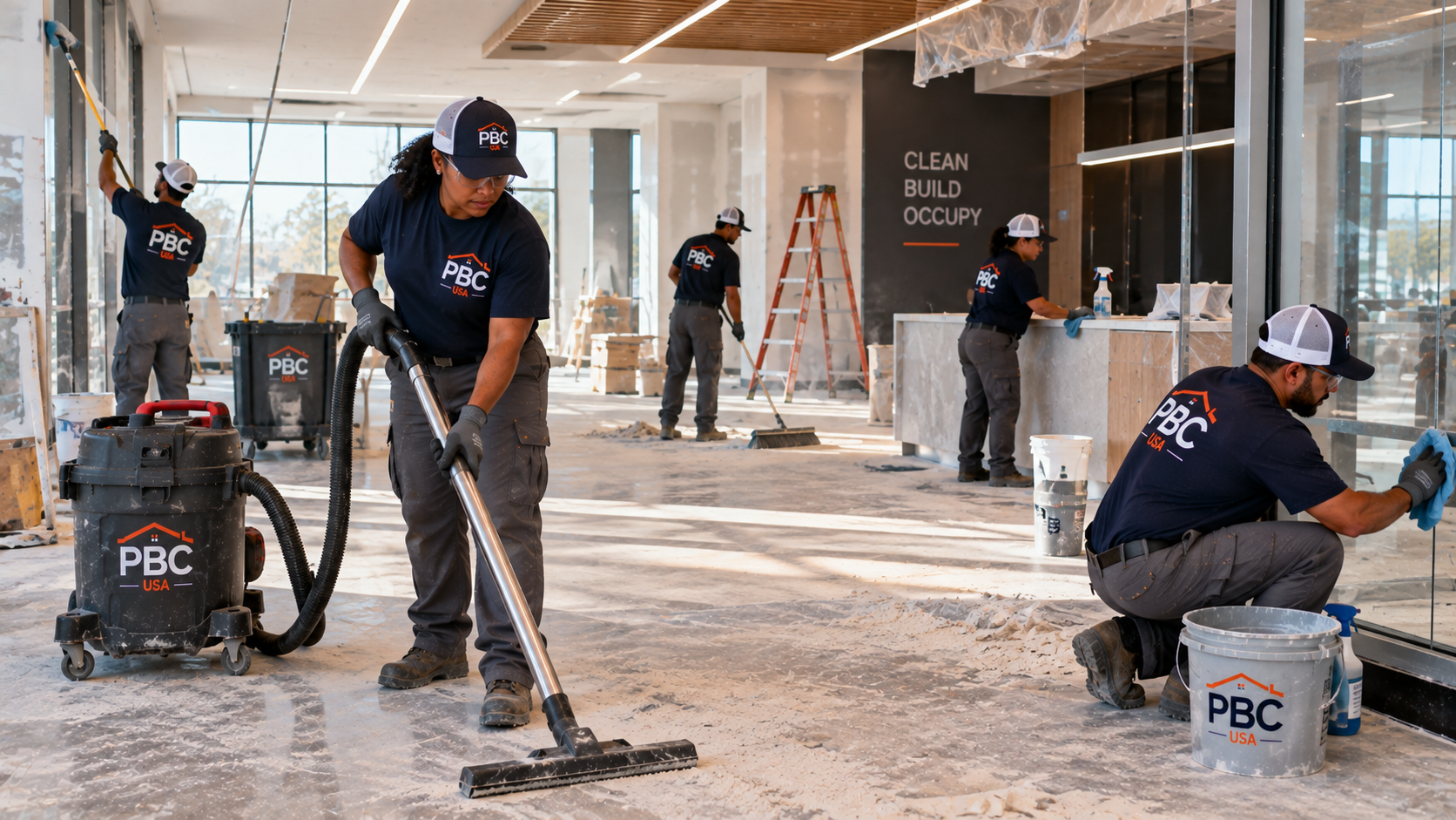 Commercial post-construction cleaning technician removing construction dust and debris from a newly renovated facility