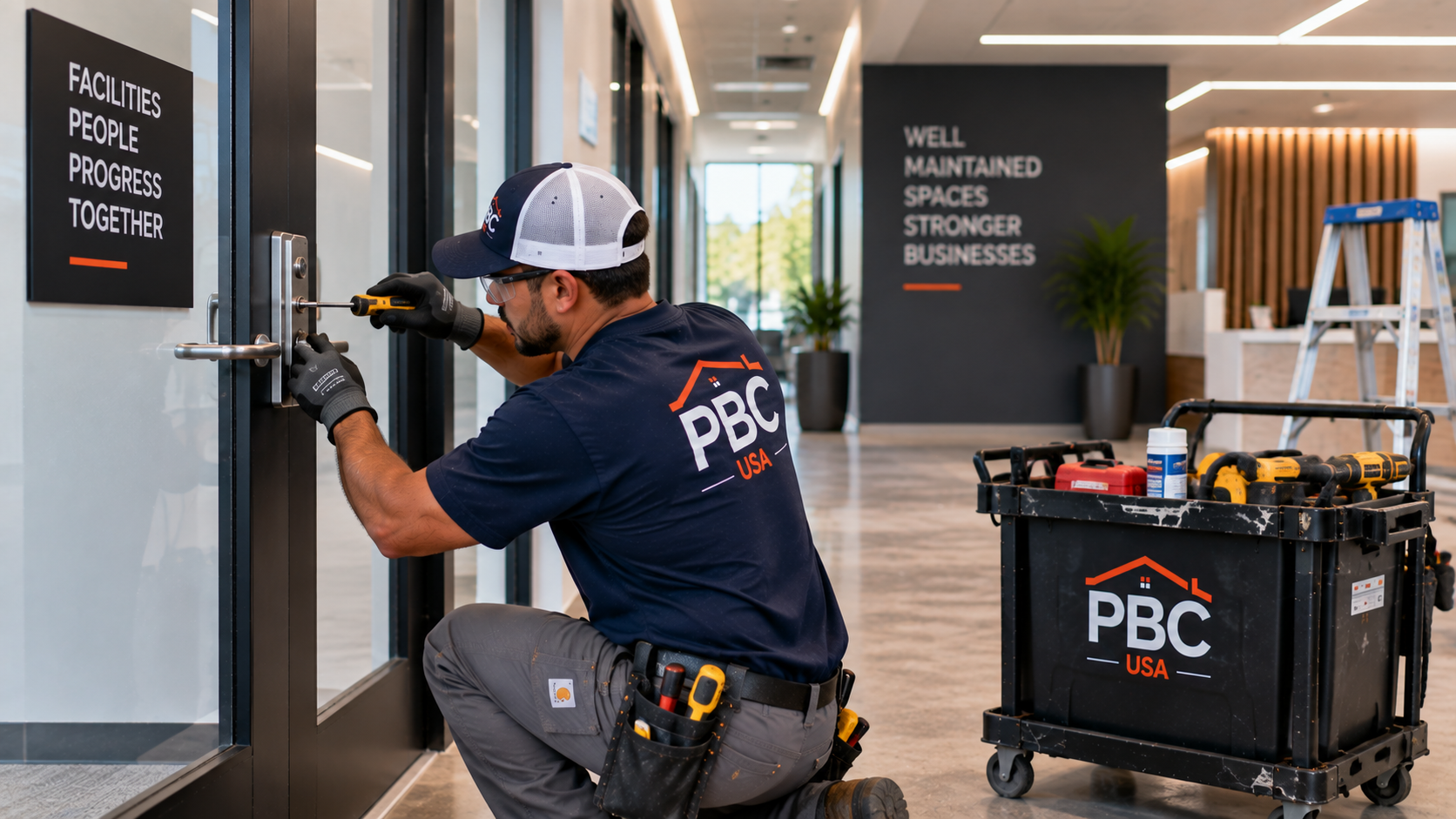 Commercial property repair technician performing maintenance inside a commercial facility