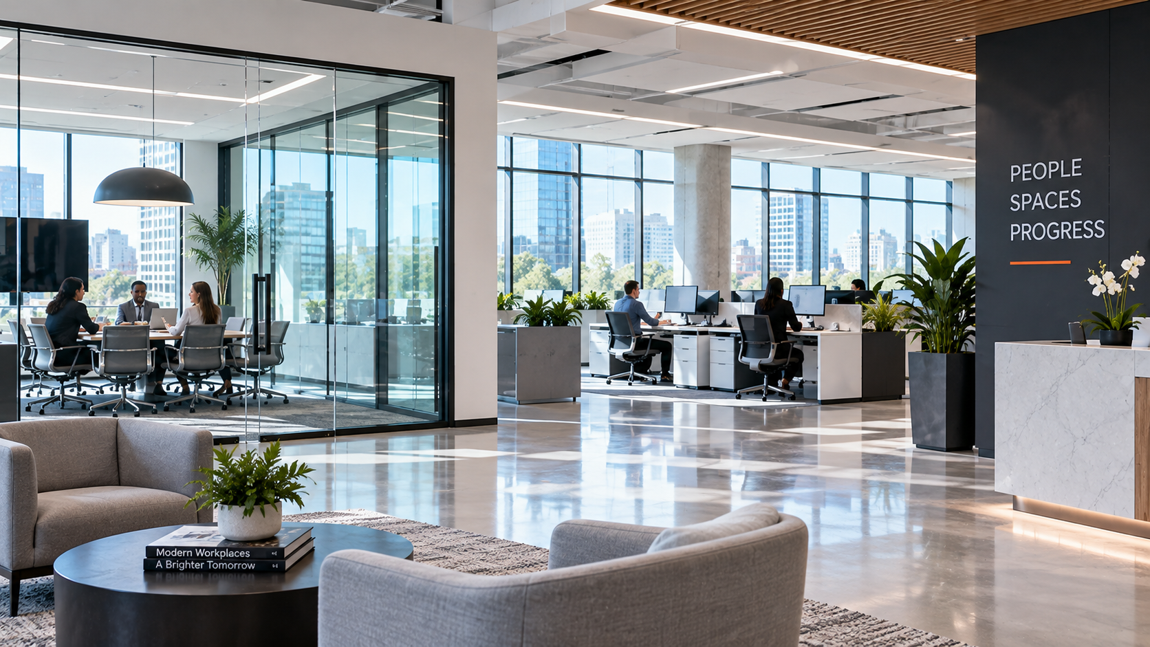 Modern corporate office workplace with professional workspaces and meeting areas
