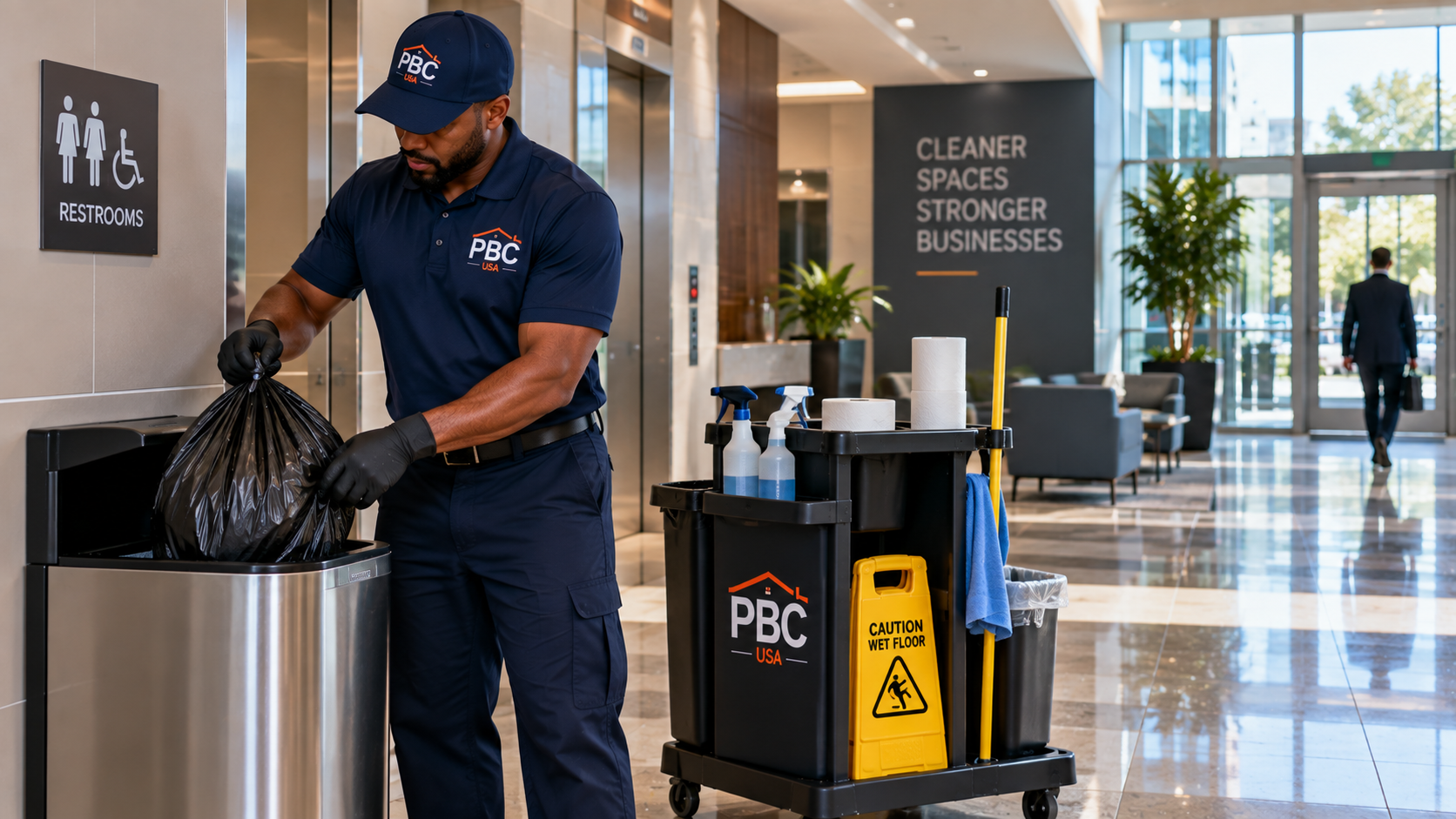 Commercial day porter maintaining a clean and professional business facility