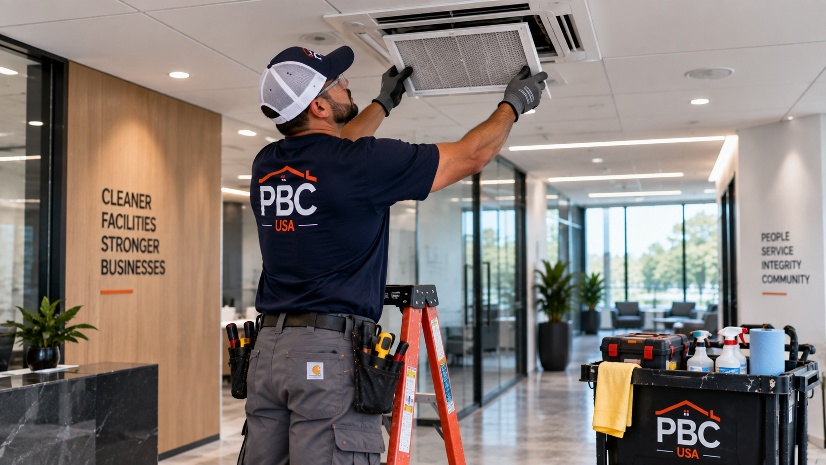 Commercial building maintenance technician performing routine facility maintenance