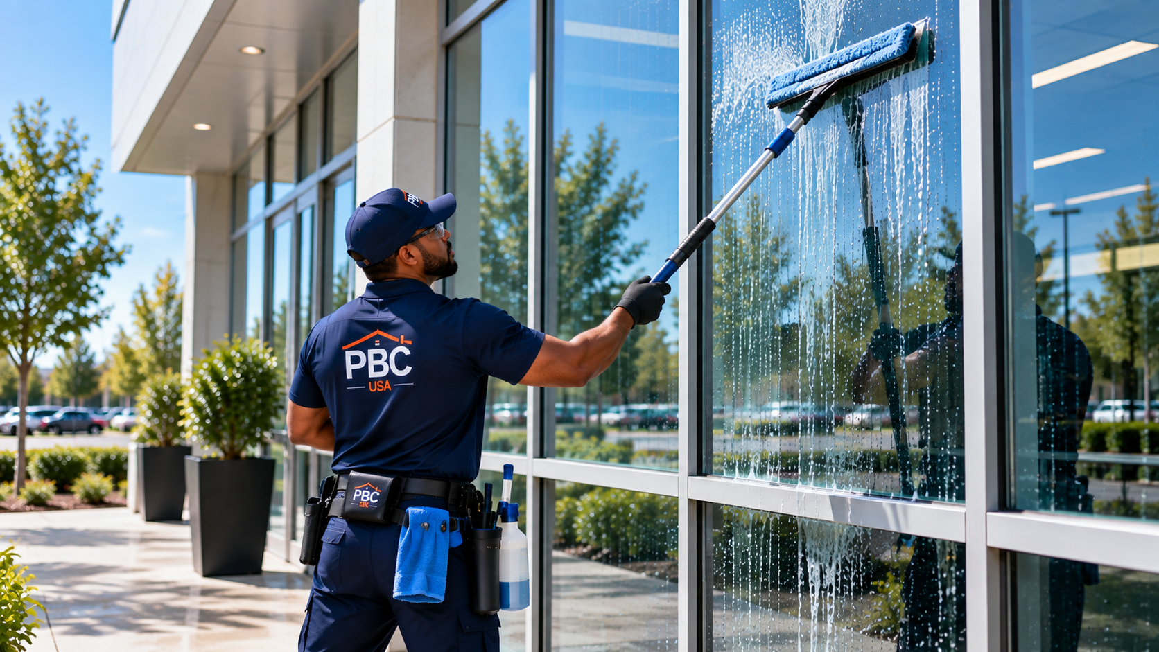 Commercial window cleaning professional cleaning exterior windows at a commercial facility